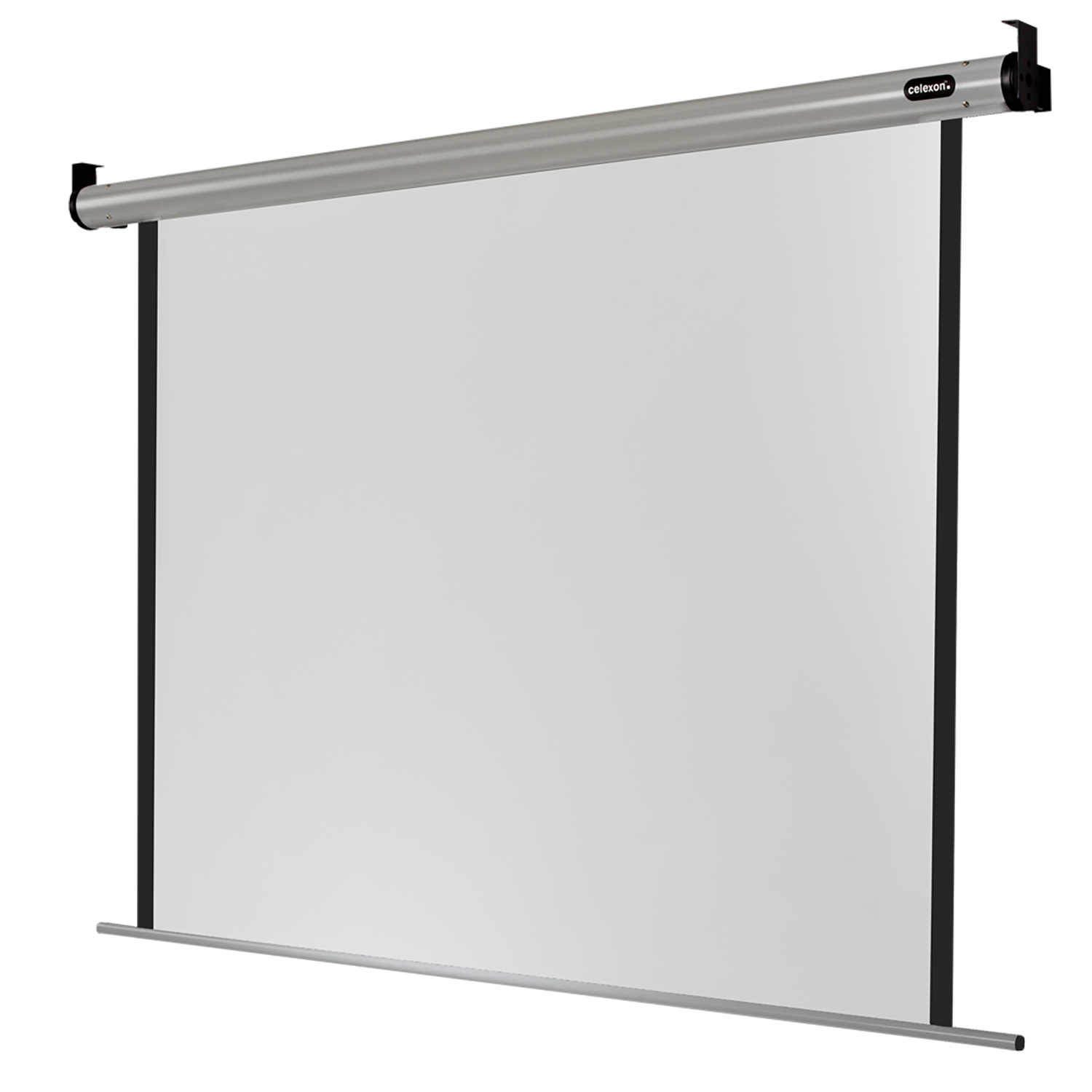Eine weiße Projektionsleinwand wird gezeigt, mit Metallgehäuse und schwarzen Rändern.