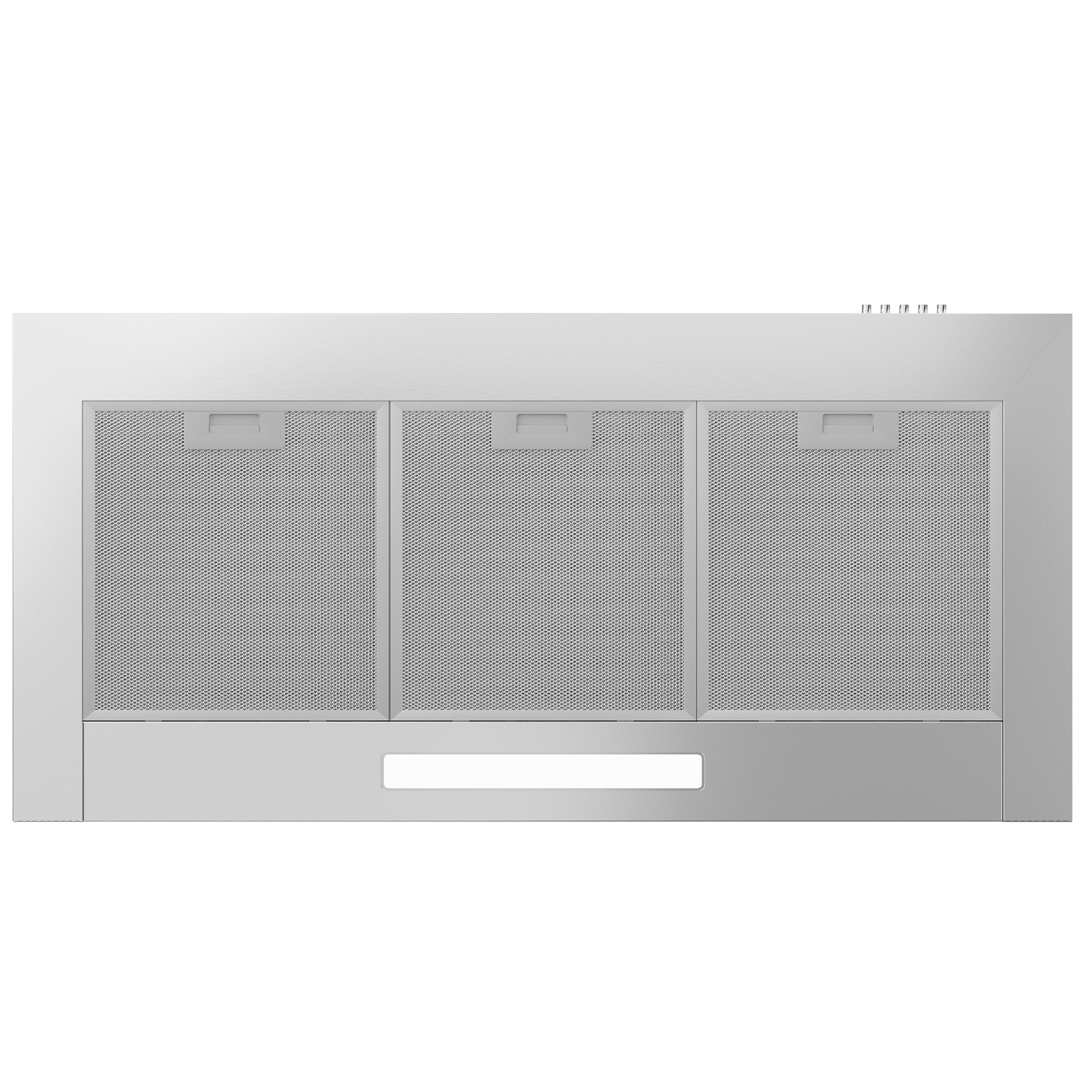 RVS afzuigkap met drie ventilatiepanelen.
