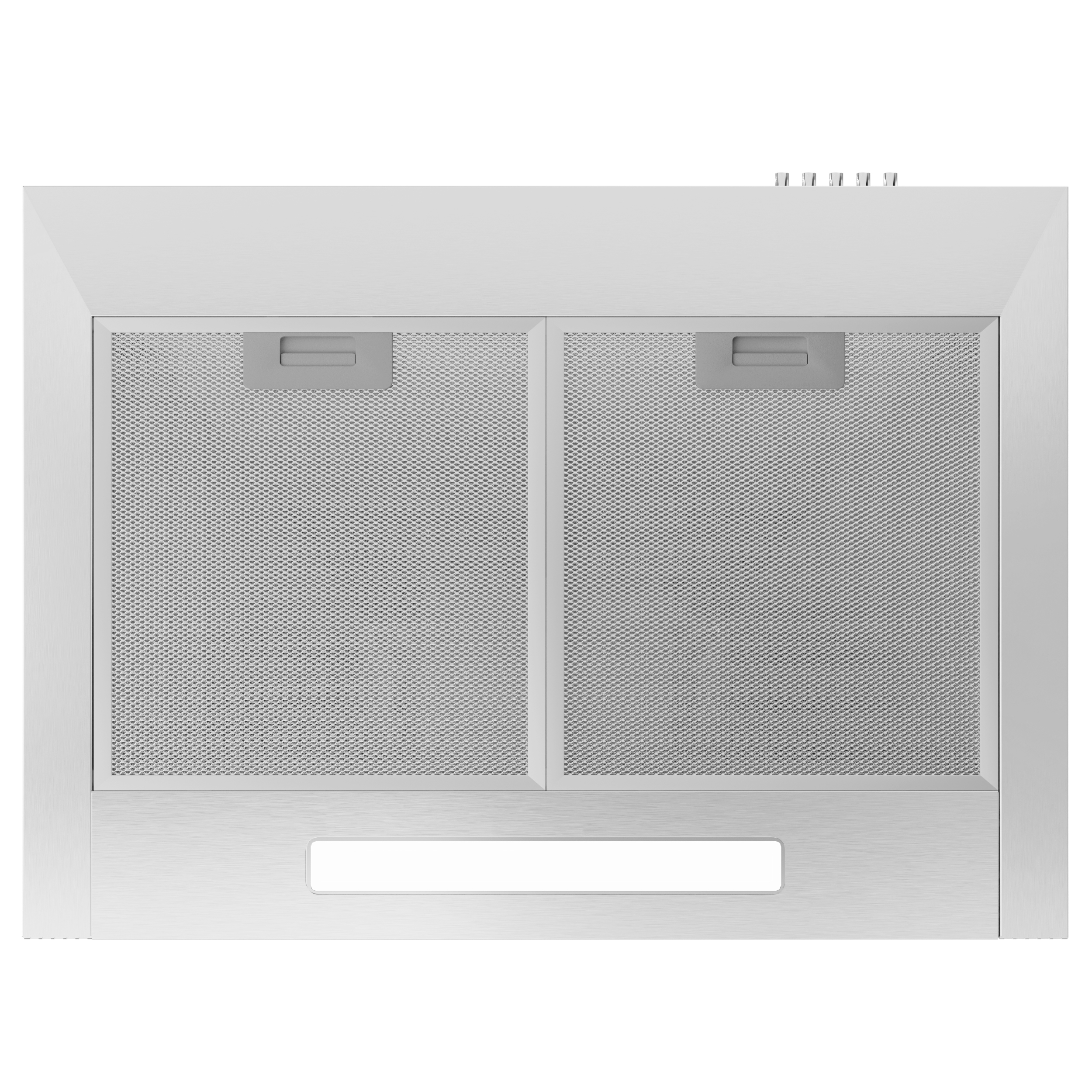 Een witte afzuigkap met twee gaaspanelen. De kap heeft een rechthoekige opening en zes kleine knoppen.
