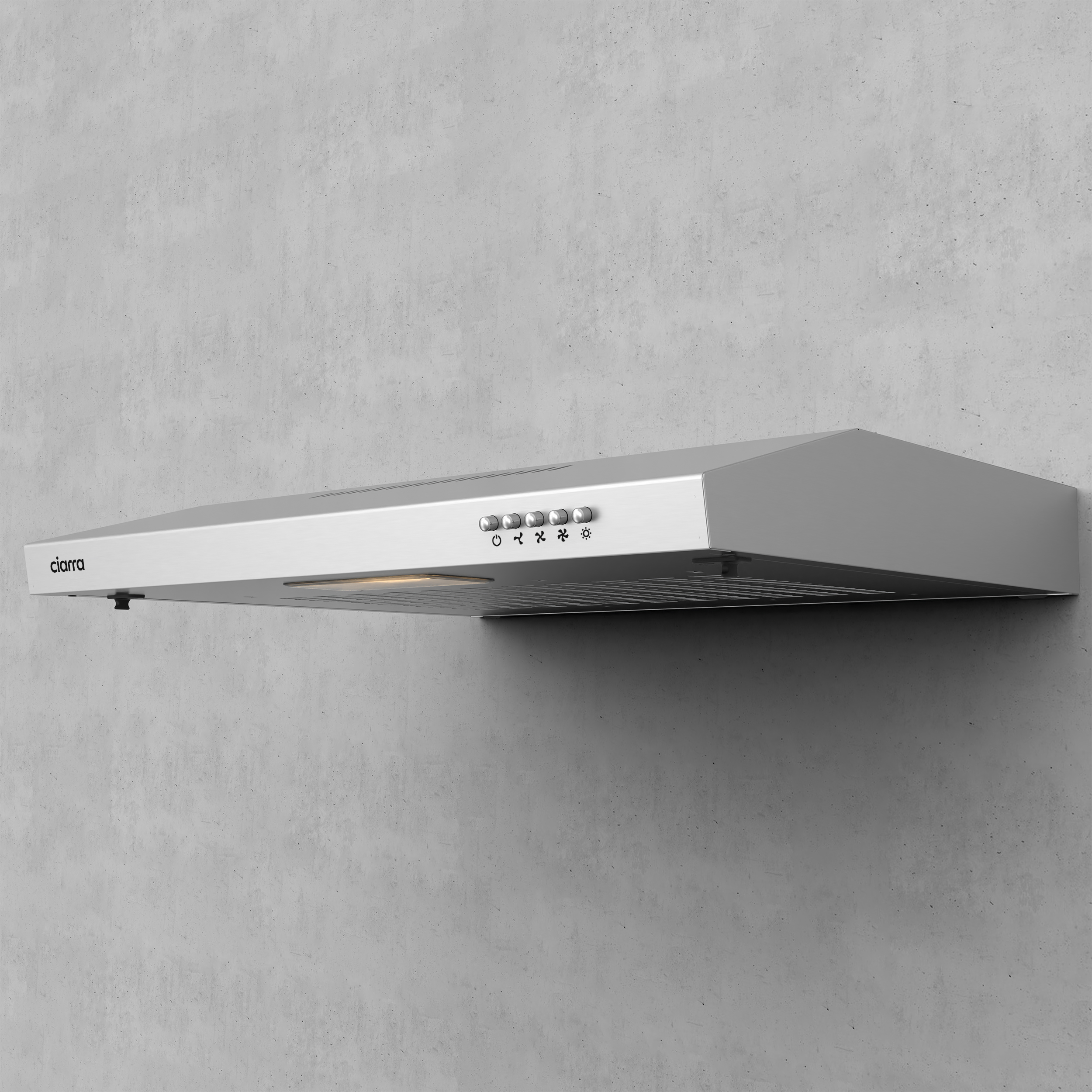 Stainless steel range hood mounted on a gray wall. It has buttons and a light.