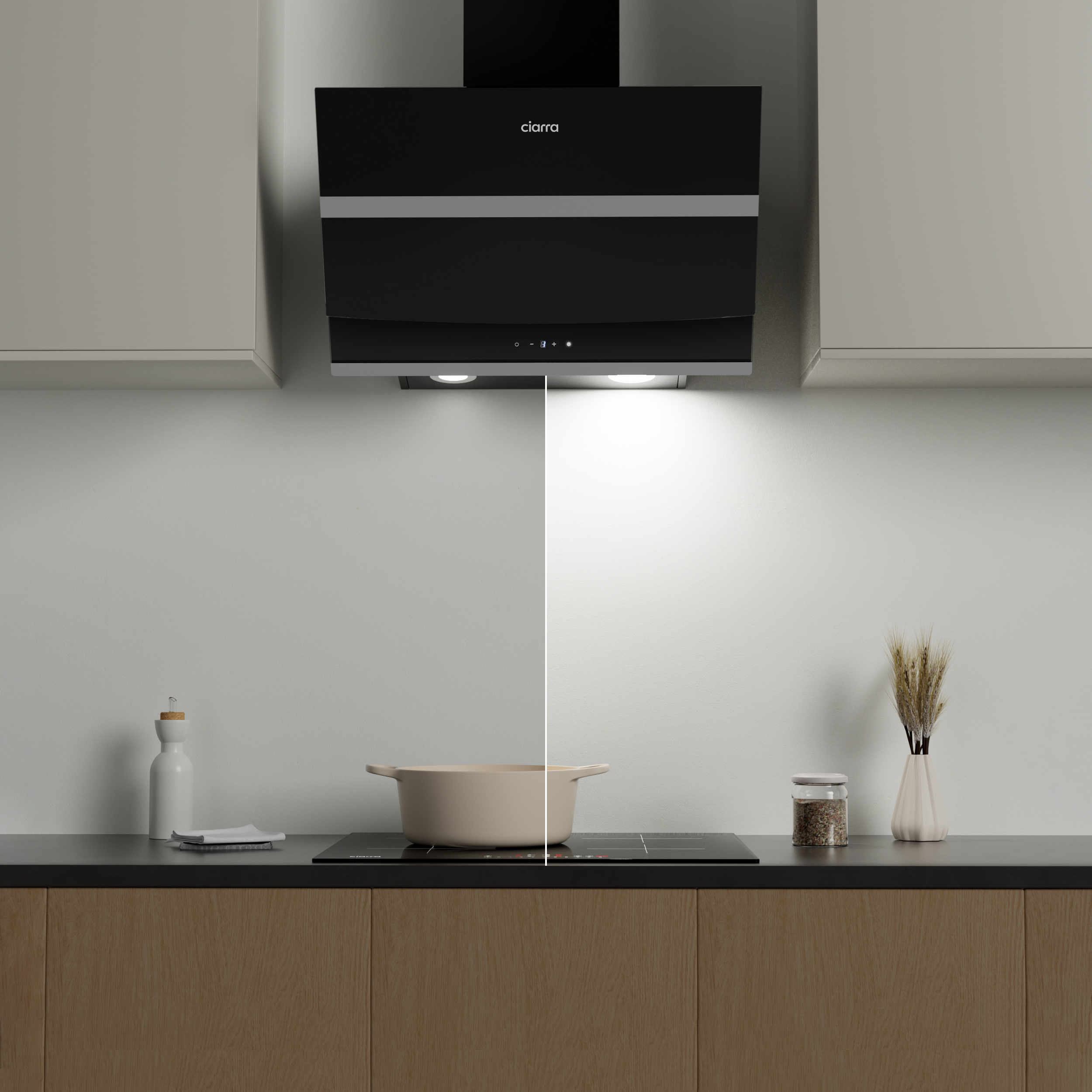 Schwarze Dunstabzugshaube mit Licht. Der Hintergrund ist eine Küche.