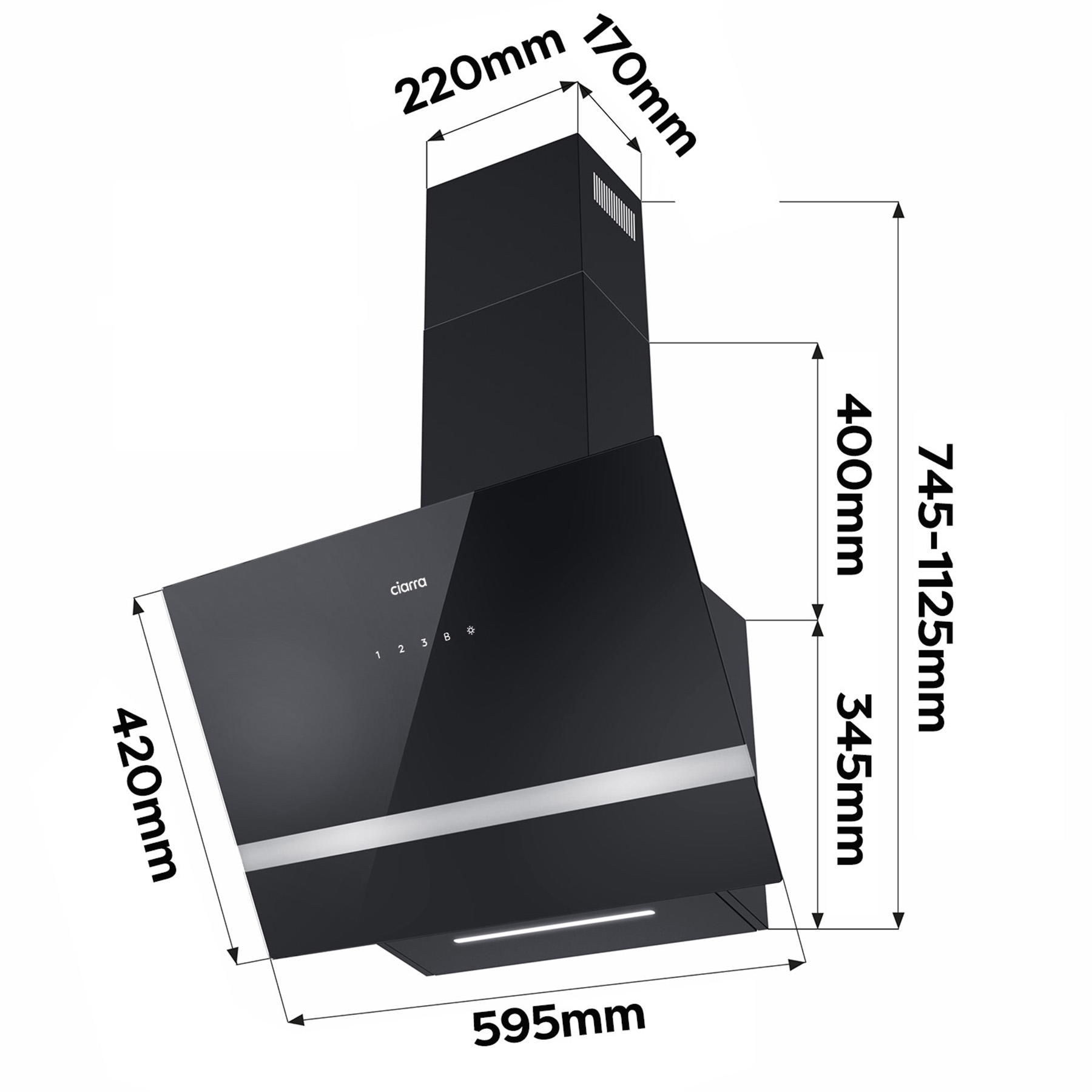 Schwarze Küchenhaube mit Beschriftung der Maße: 595mm, 420mm, 220mm, 170mm, 345mm, 400mm und 745-1125mm.