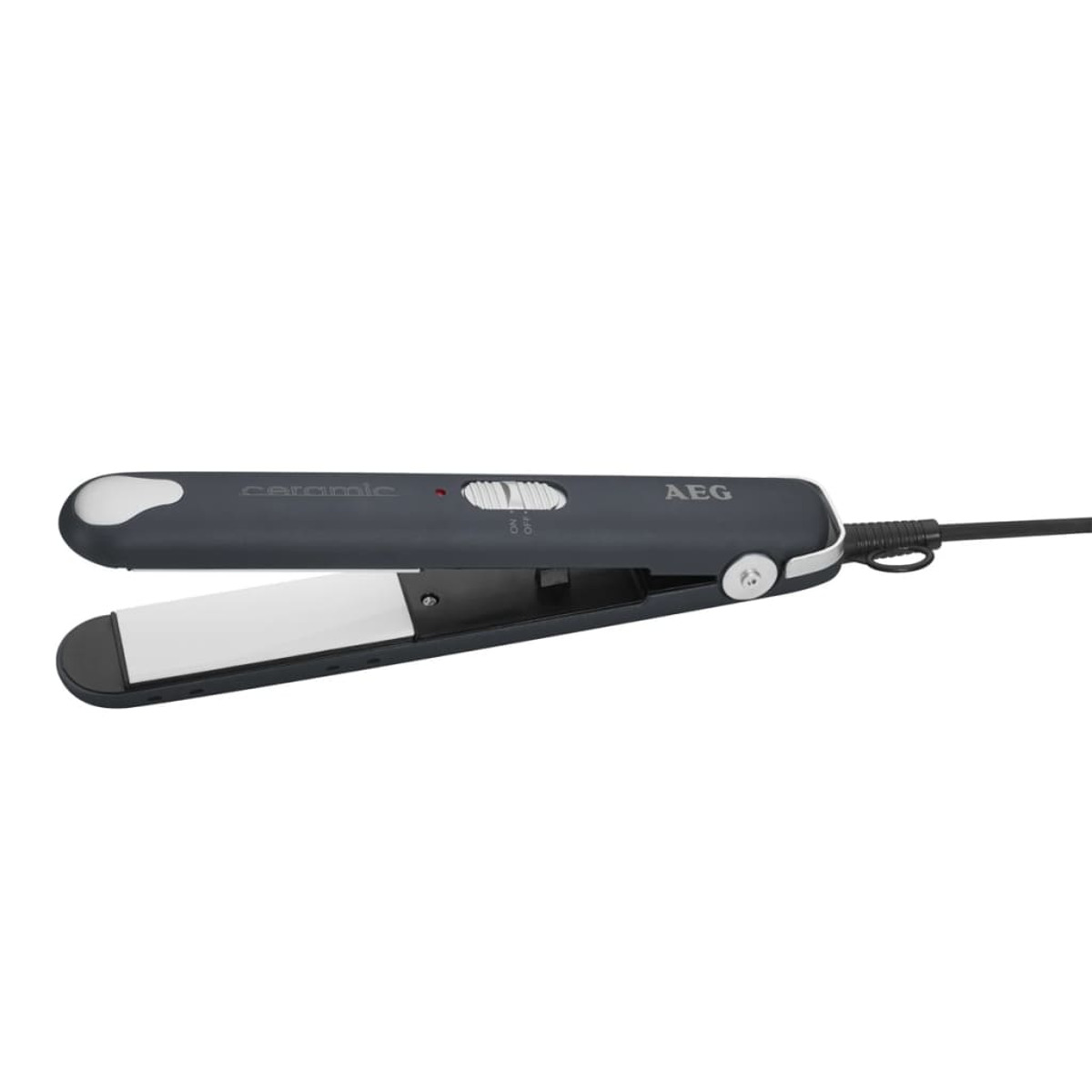 Una plancha de pelo negra y gris con placas de cerámica y la marca AEG.