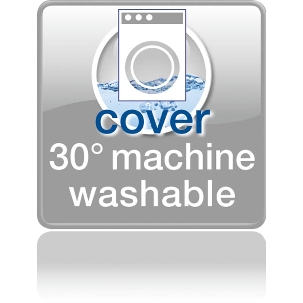 Un'etichetta bianca e grigia con un'icona di lavatrice e testo: cover, lavabile in lavatrice a 30°.