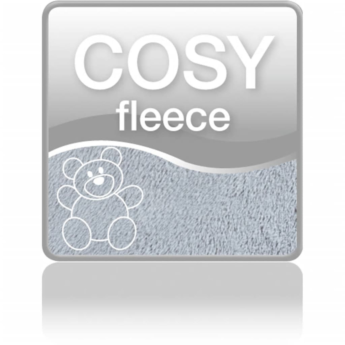 Un quadrato grigio con le parole 'COSY fleece' e il contorno di un orsetto.