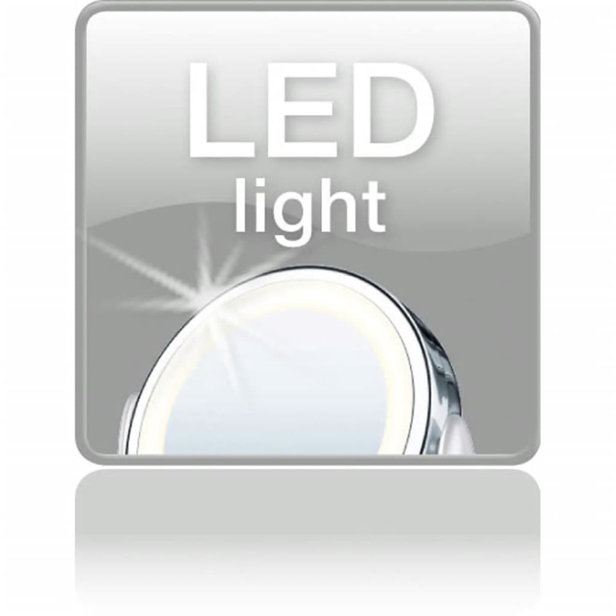 Quadratisches Icon mit LED-Lichttext über einem beleuchteten Spiegel, der das Licht reflektiert.