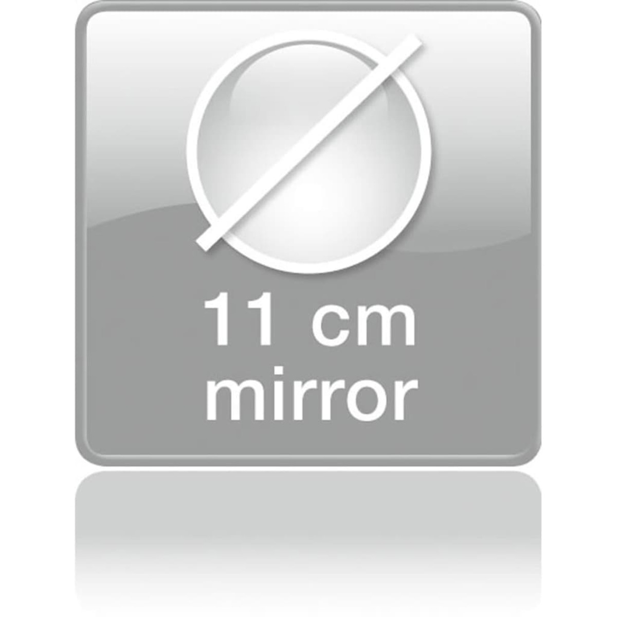Ein graues Quadrat mit einem Spiegelsymbol und Text: '11 cm mirror'. Isoliert.
