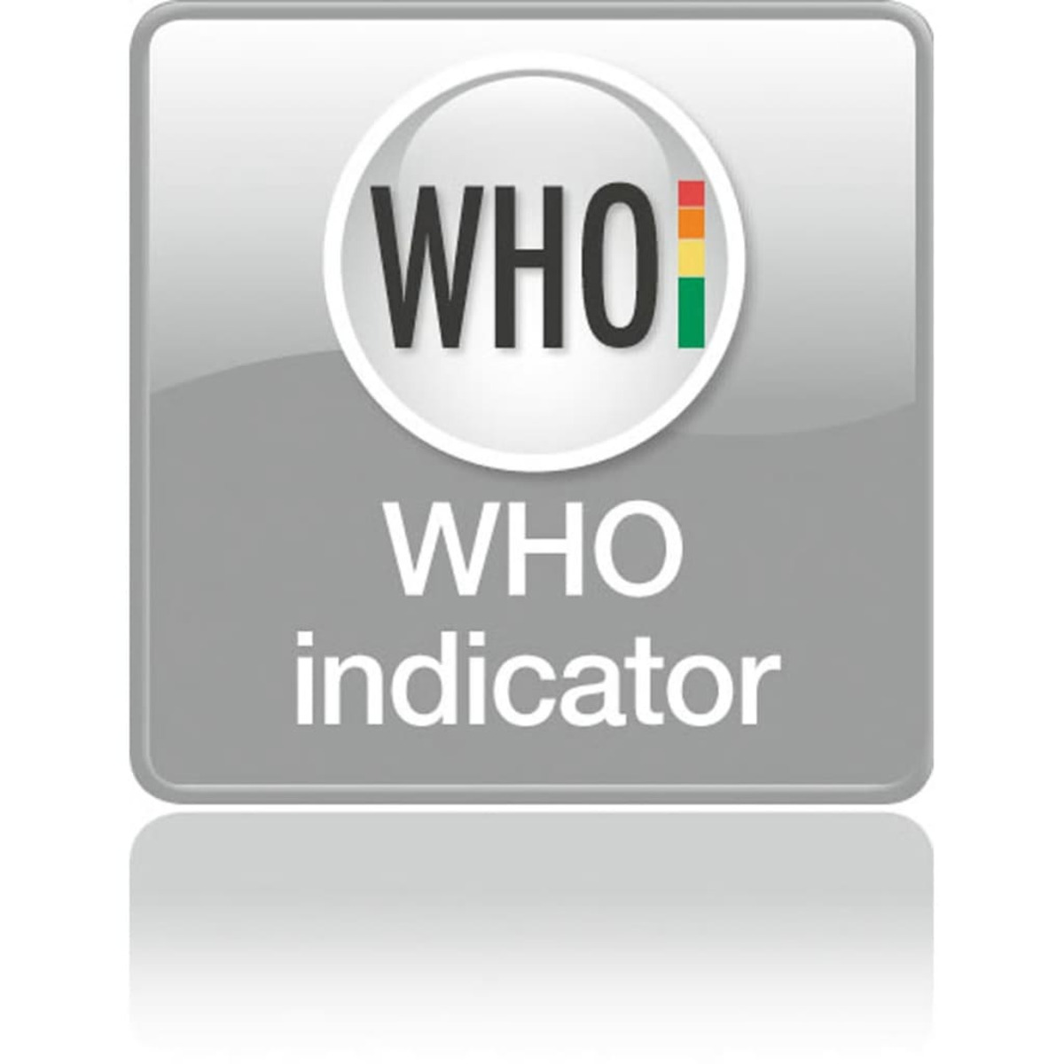 Ein WHO-Indikator-Logo, ein graues Quadrat mit dem WHO-Logo in einem weißen Kreis.