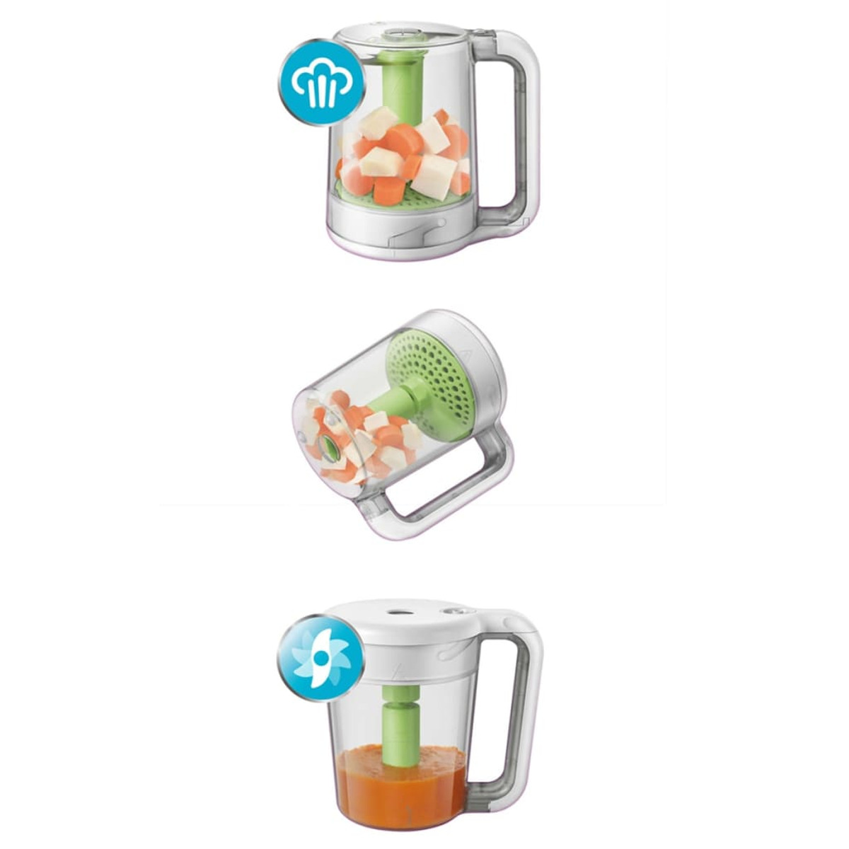 Trois images d'un robot culinaire pour bébé, montrant les ingrédients, le processus de mélange et le produit final.