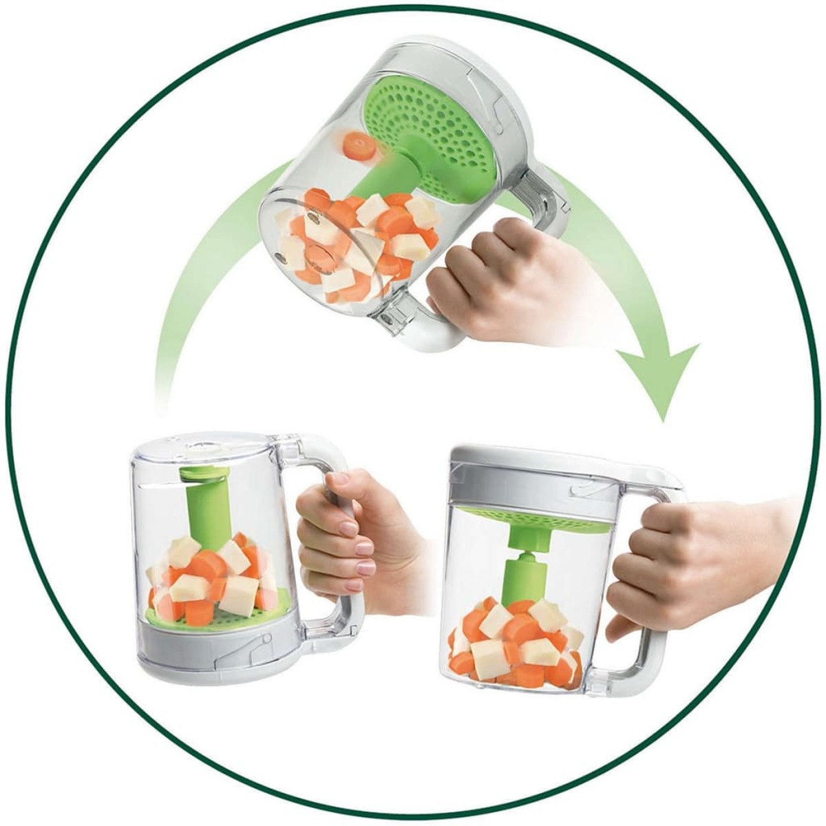 Robot culinaire avec carottes et légumes coupés en dés. Couleurs d'accent vert.