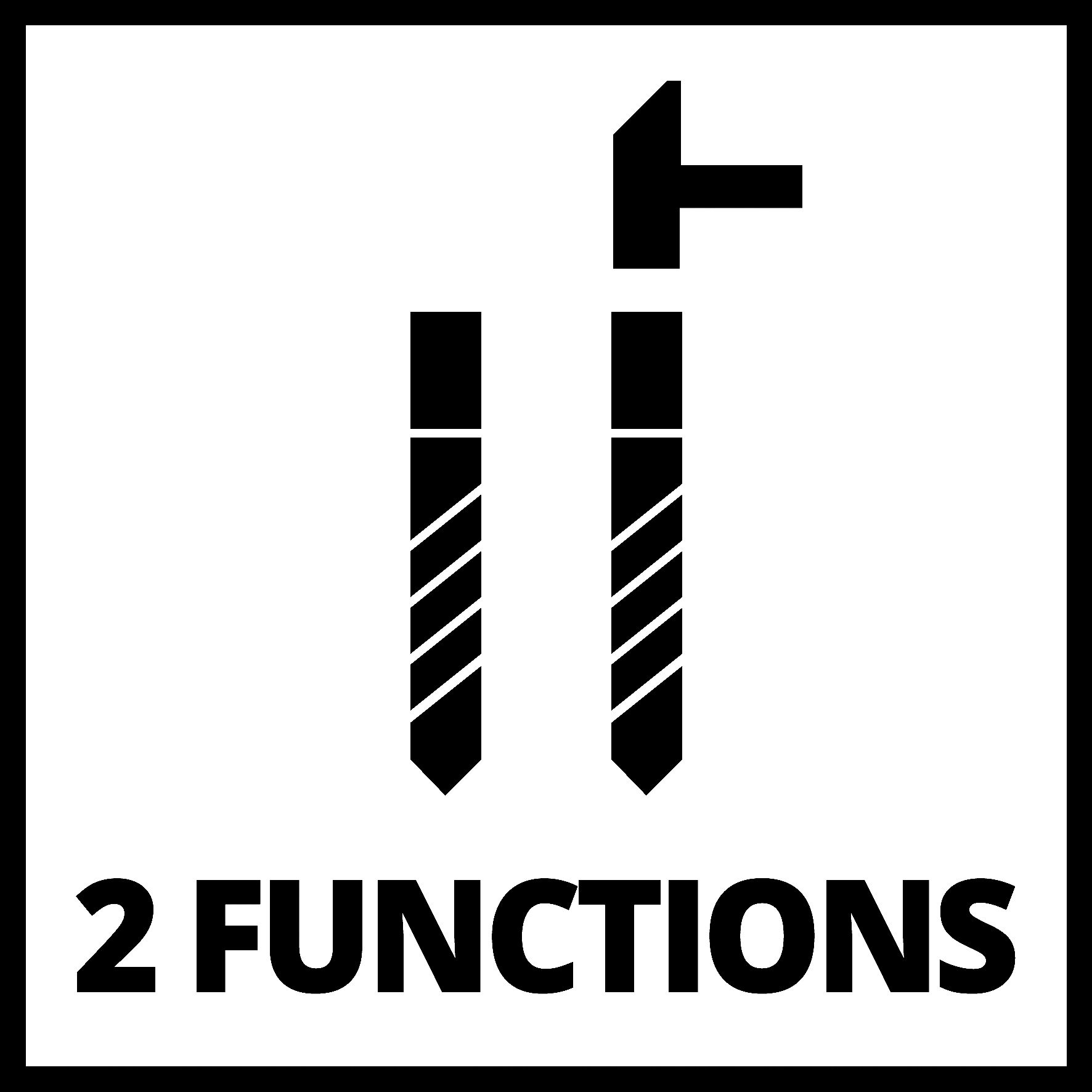 Ikona dwóch wierteł z tekstem '2 FUNKCJE' poniżej w czarnym kwadracie.