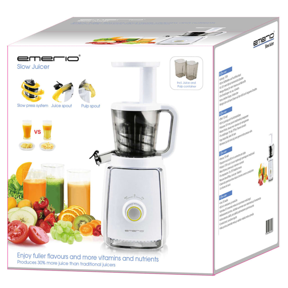 Weißer und silberner Slow Juicer in der Box, mit Obst- und Saftbildern. Inklusive Saft- und Fruchtfleischbehälter.