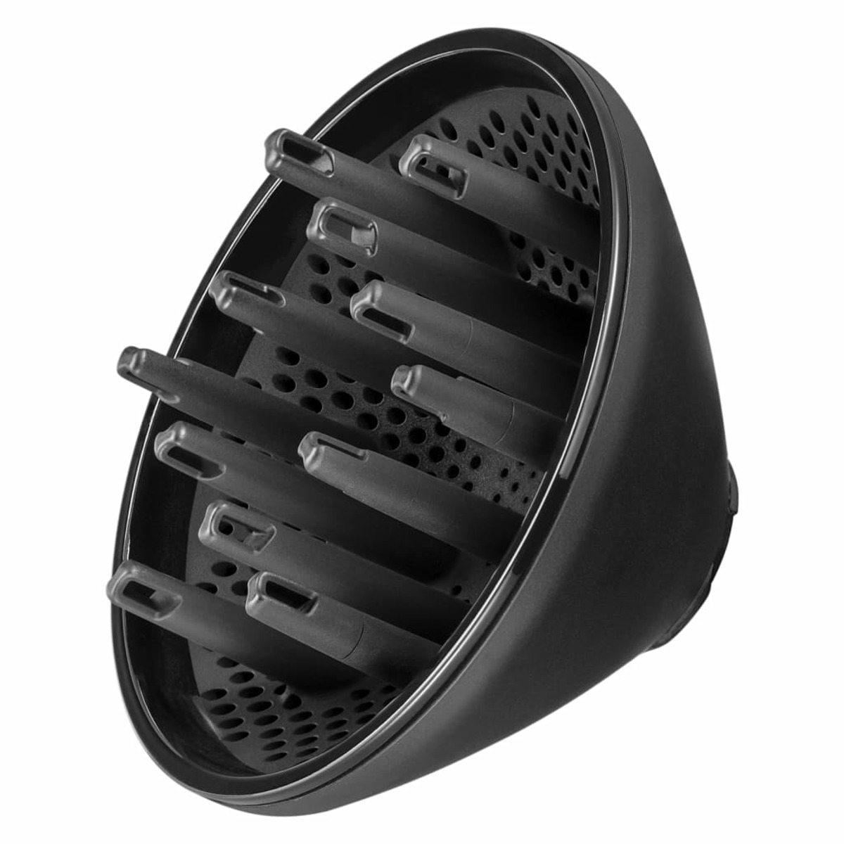 Czarny dyfuzor do suszarki do włosów z wieloma kolcami, przeznaczony do włosów kręconych.