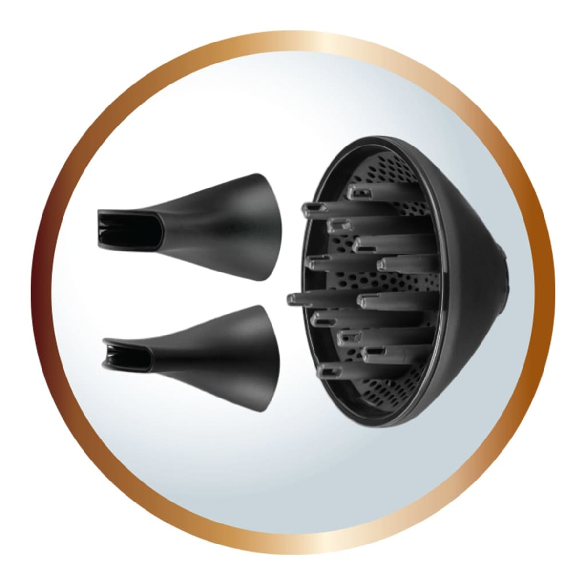 Czarne nasadki do suszarki do włosów w kształcie koła. Trzy dysze.