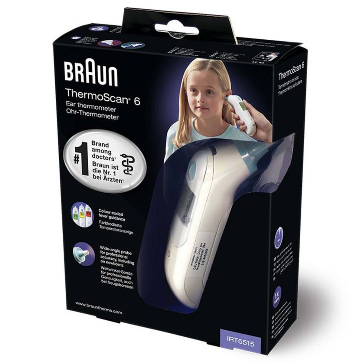 Termometro auricolare Braun in scatola. Contiene un bambino a cui viene usato un termometro. Sfondo bianco.