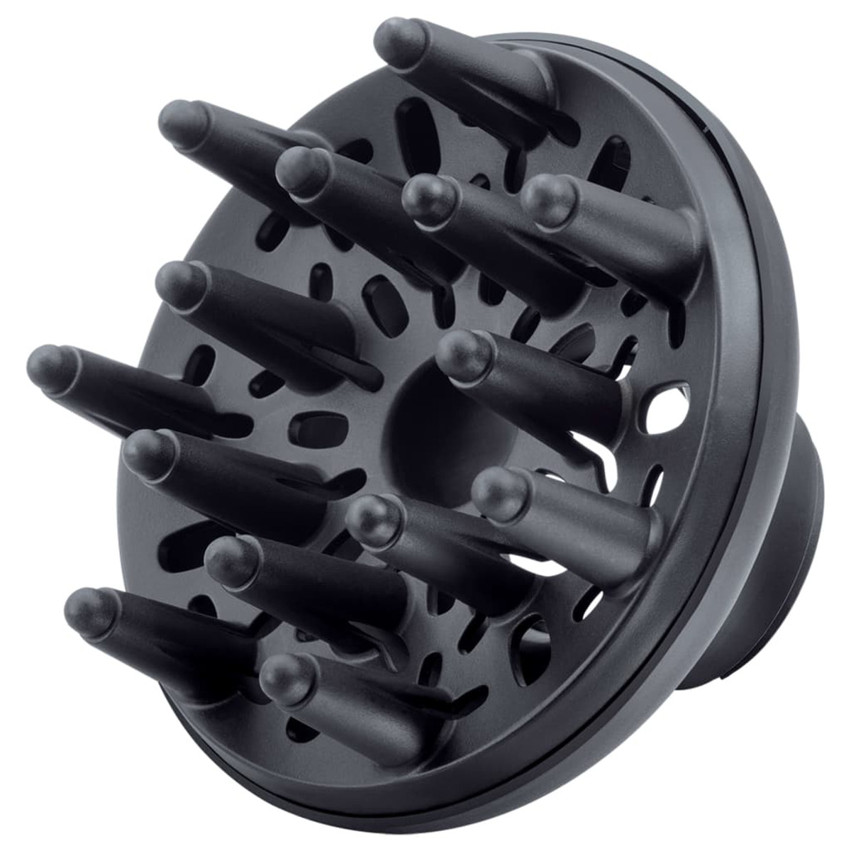 Czarny nasadka dyfuzora do suszarki do włosów. Okrągła z wieloma zaokrąglonymi zębami.