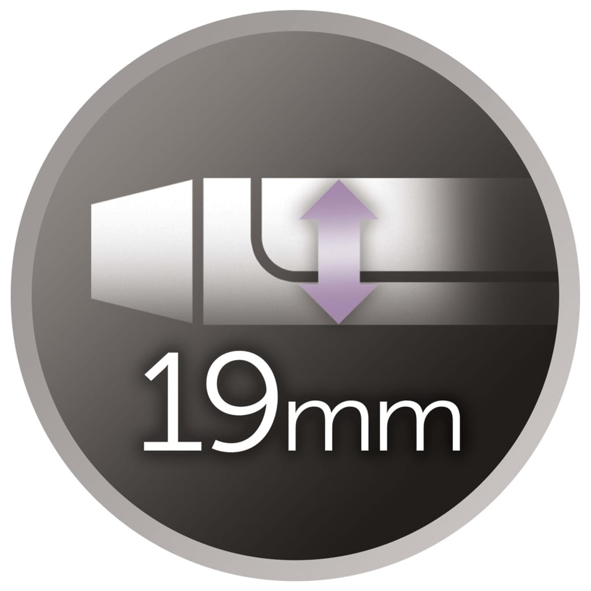Primo piano di un cerchio grigio con una punta bianca e la scritta 19 mm.