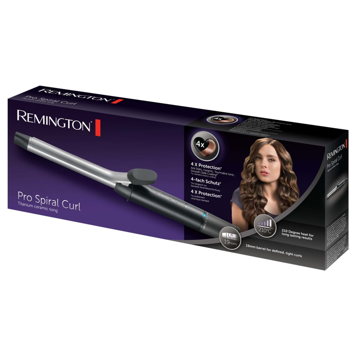 Scatola Remington Pro Spiral Curl con arricciacapelli e immagine donna con ricci.