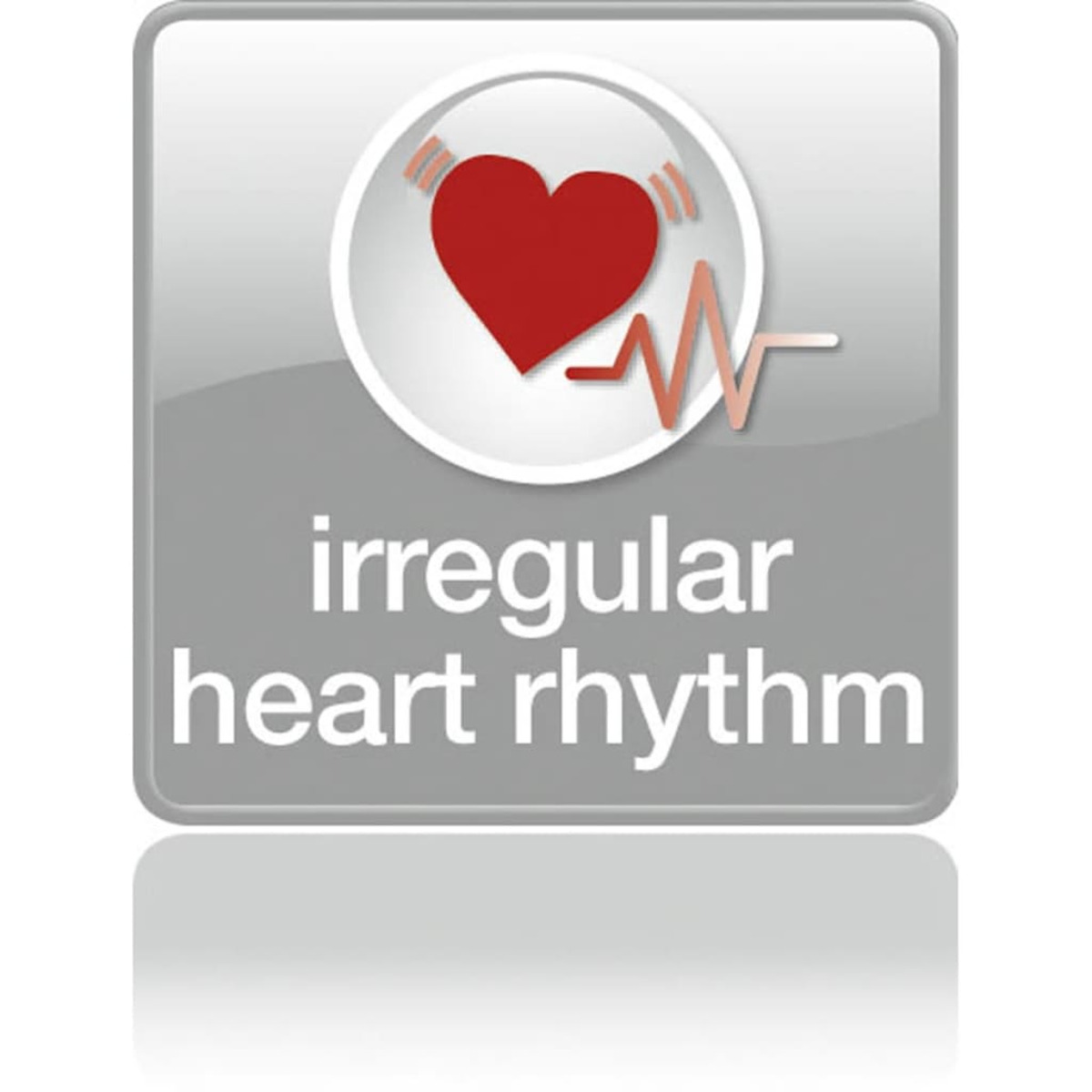 Icono cuadrado con texto ritmo cardíaco irregular y un corazón rojo con una onda.