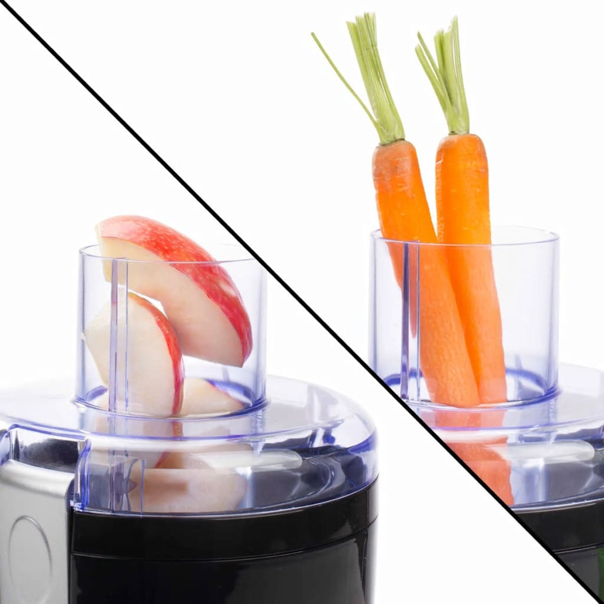 Procesador de alimentos con rodajas de manzana y zanahorias en recipientes.
