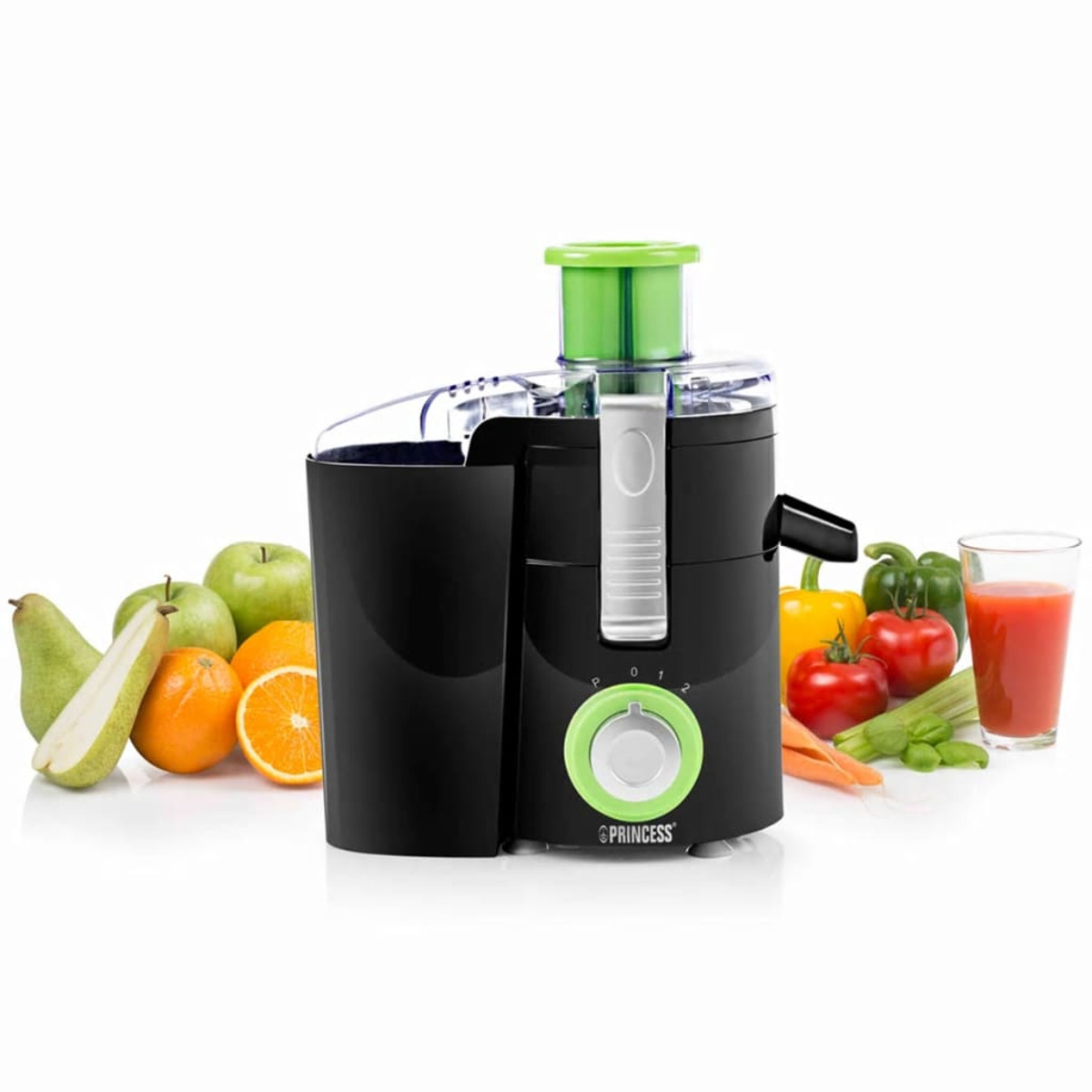 Exprimidor Princess negro y verde con frutas y un vaso de jugo.