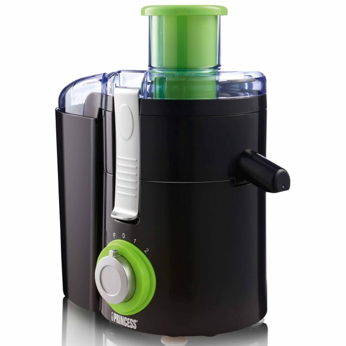 Exprimidor negro y verde con tapa verde, perilla plateada y un contenedor de jugo transparente.