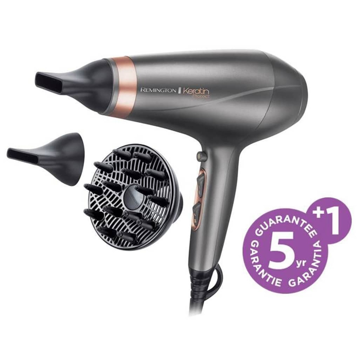 Haartrockner mit Aufsätzen und einem 5-Jahres-Garantie-Abzeichen.