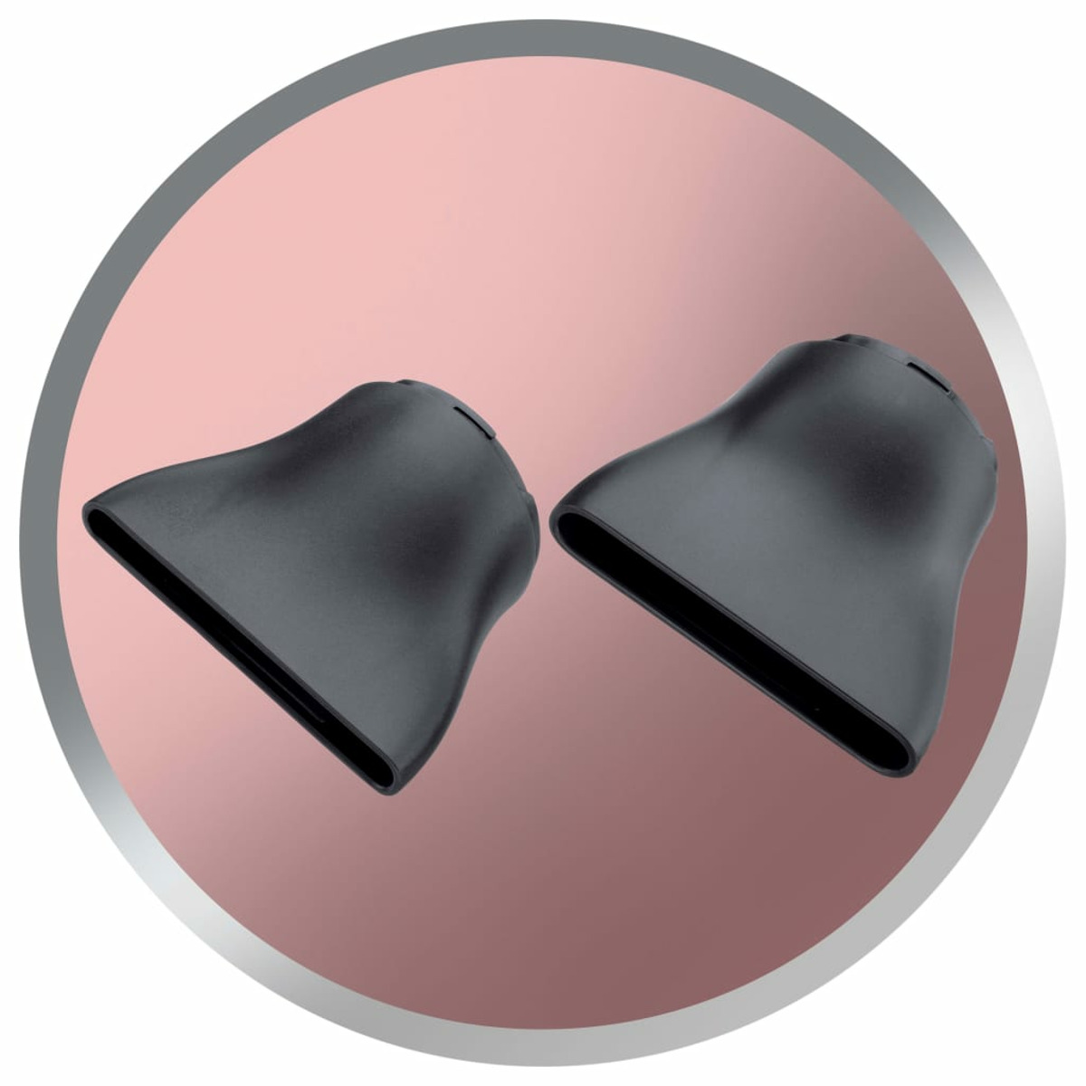 Zwei schwarze Haartrocknerdüsen in einem rosa Kreis. Die Düsen sind abgewinkelt und gebogen.