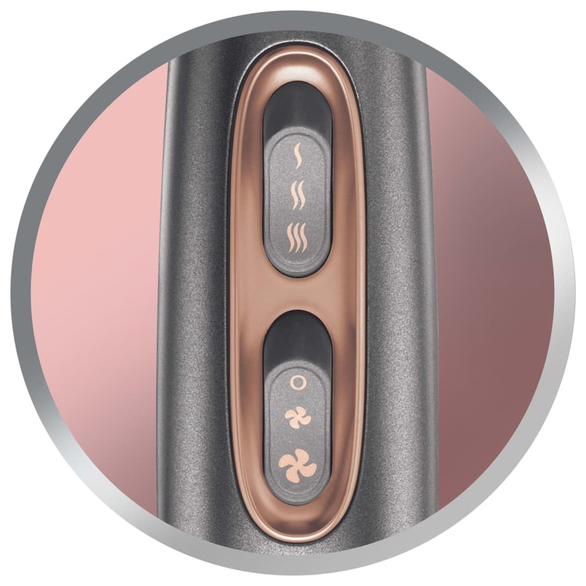 Nahaufnahme eines Haarstyling-Geräts mit Knöpfen, Symbolen für Hitze und Ventilator.