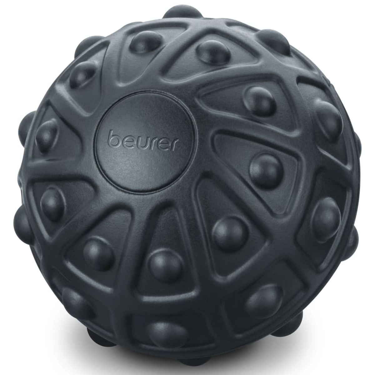Una bola de masaje negra con superficie texturizada y la palabra 'beurer' escrita en ella.