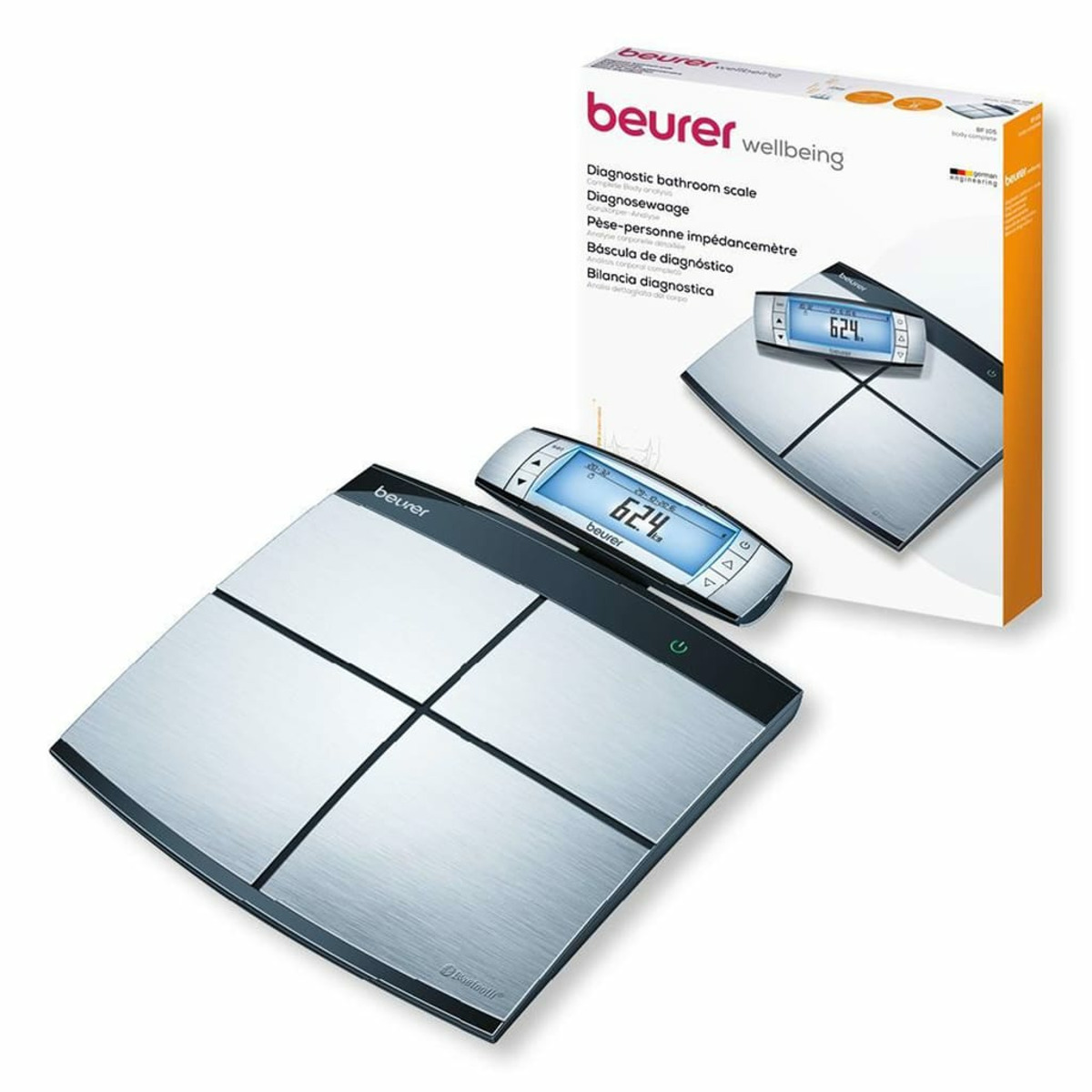 Eine digitale Badezimmerwaage mit Display und einer Box im Hintergrund.