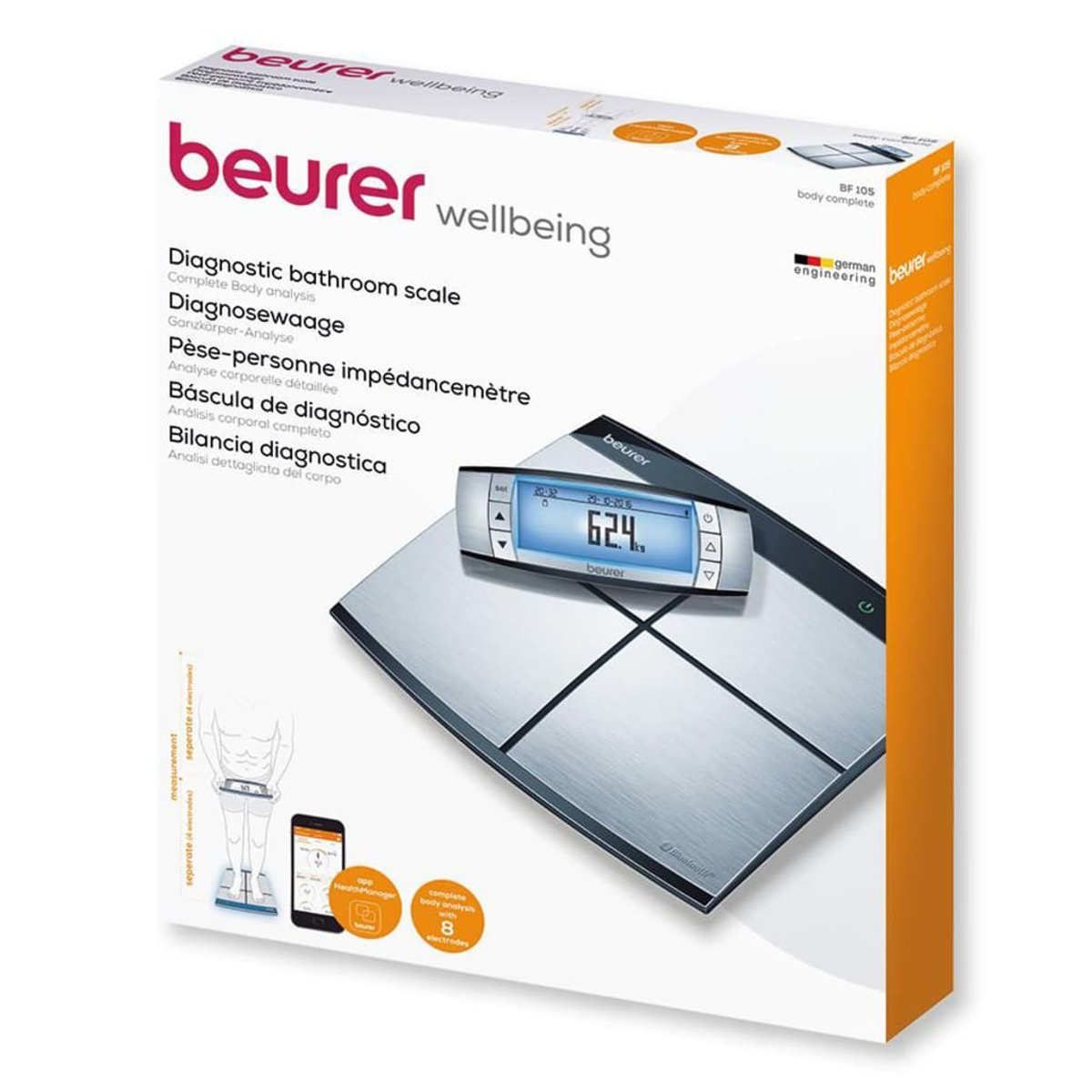 Badezimmerwaage mit Anzeige, die das Gewicht anzeigt, in der Box. Enthält Bilder eines Telefons mit App.
