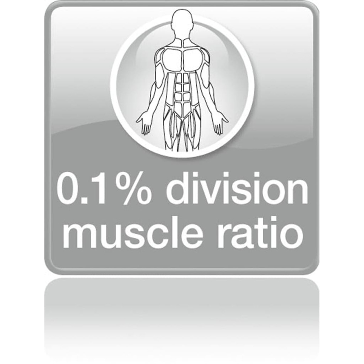 Symbol mit menschlichem Körper und Muskelstruktur, Text: 0,1 % Teilung Muskelverhältnis.