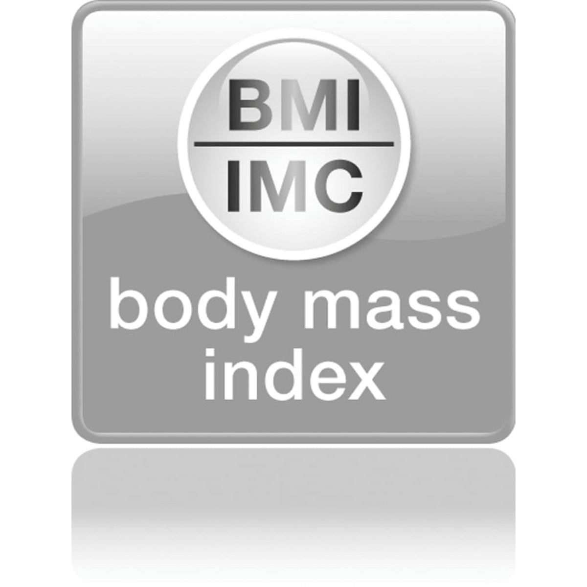 BMI/IMC-Symbol auf grauem Hintergrund, Text 'body mass index'.