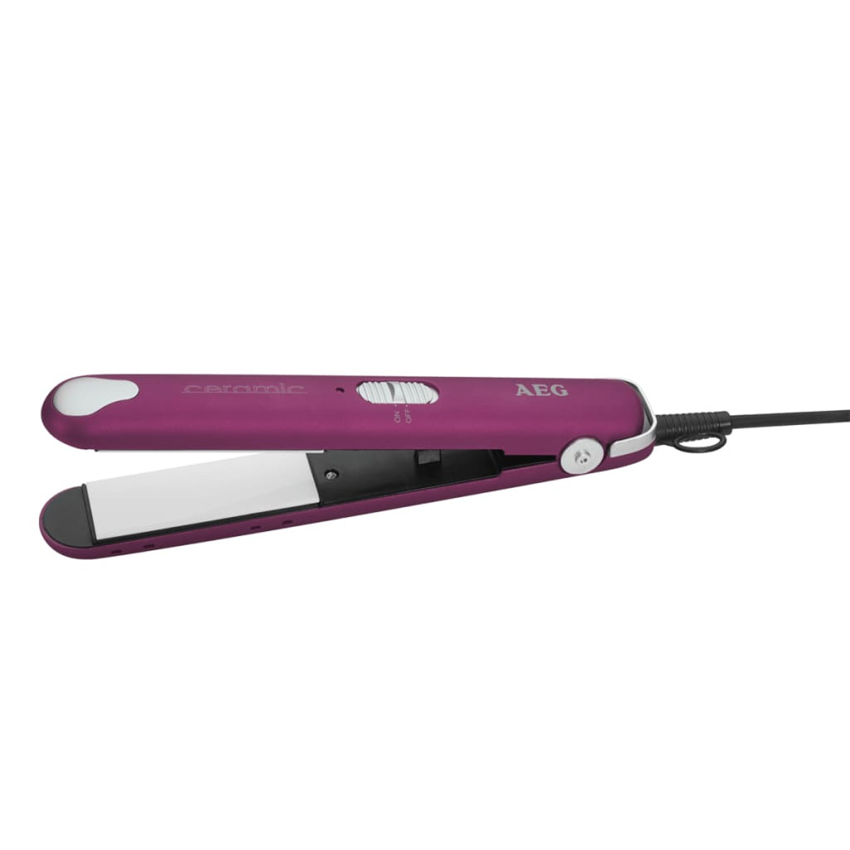 Una plancha de pelo morada con placa de cerámica y la marca AEG.