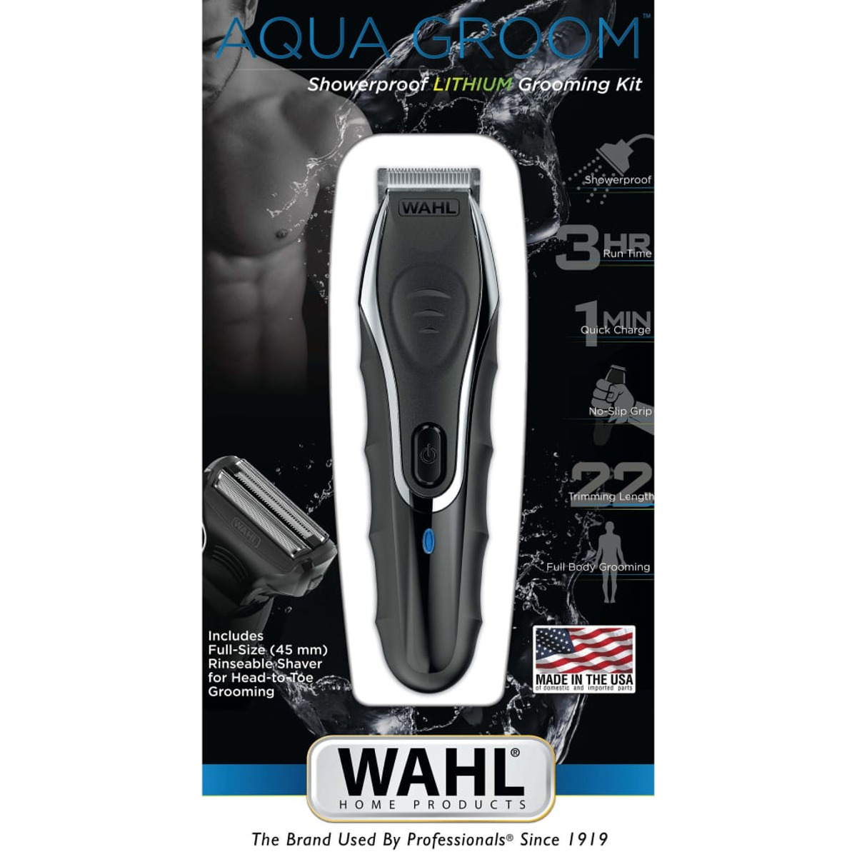 Un paquete de kit de aseo Wahl negro y gris que muestra un recortador con un botón de encendido azul.