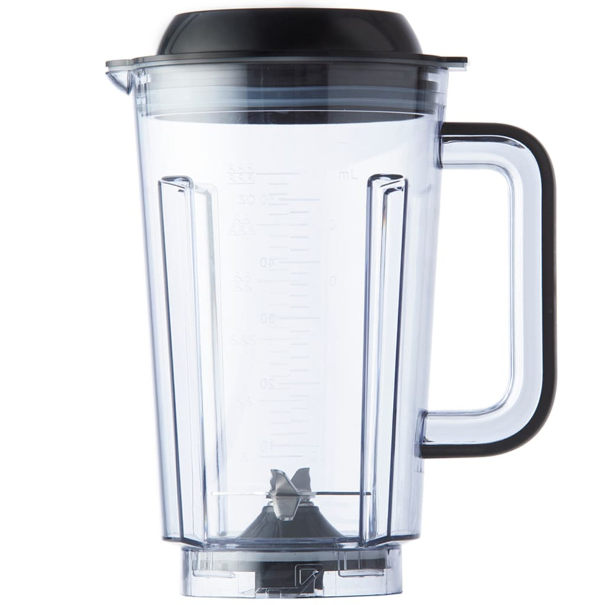 Clear blender jar with black lid and handle. Blades visible at the bottom, white background.