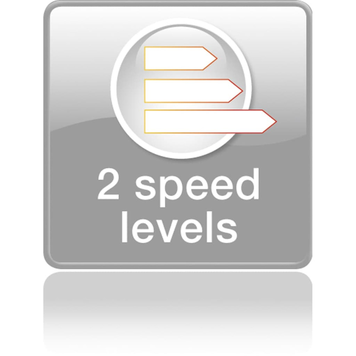 Szary kwadrat z białym kołem i trzema strzałkami skierowanymi w prawo. Tekst mówi 2 poziomy prędkości.