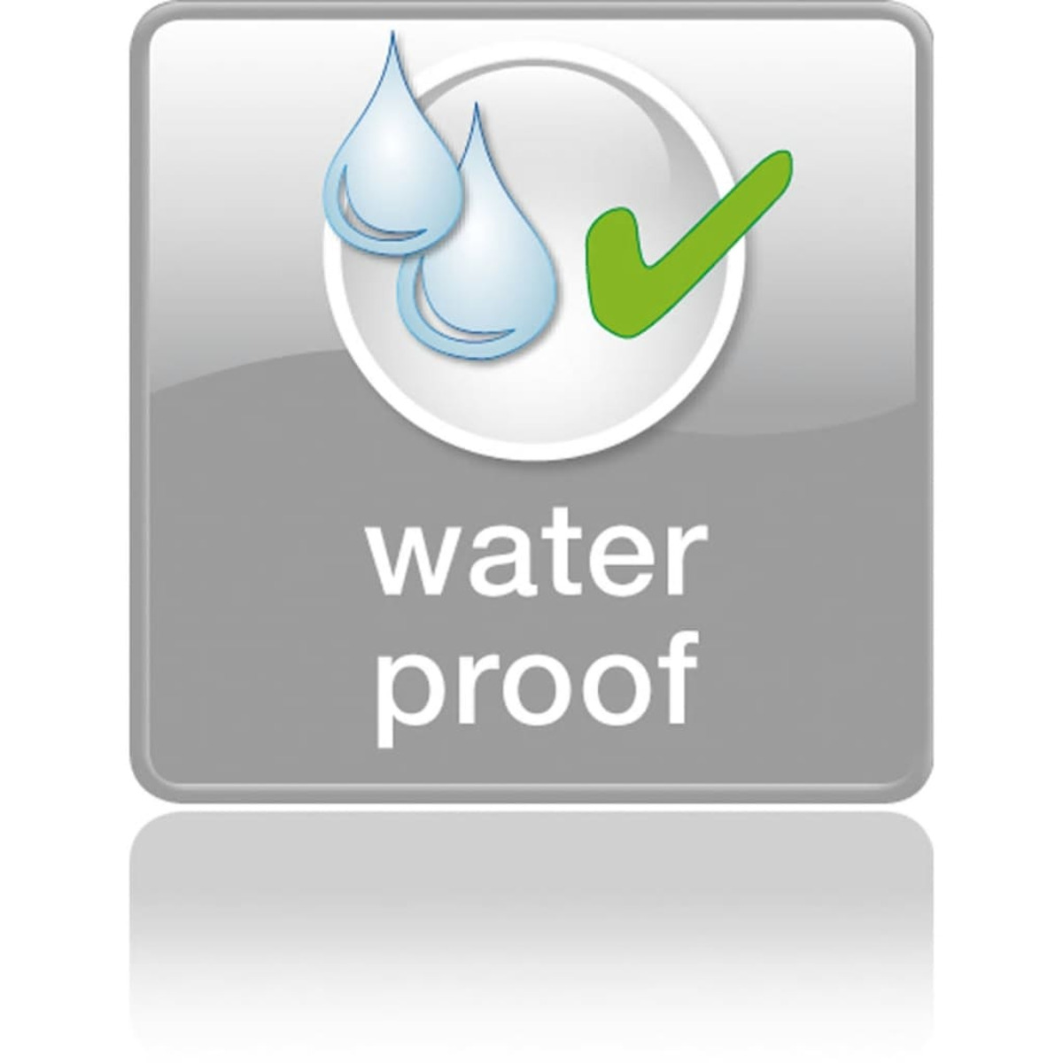 Szara ikona z dwiema kroplami wody i znakiem wyboru, poniżej napis 'water proof'.