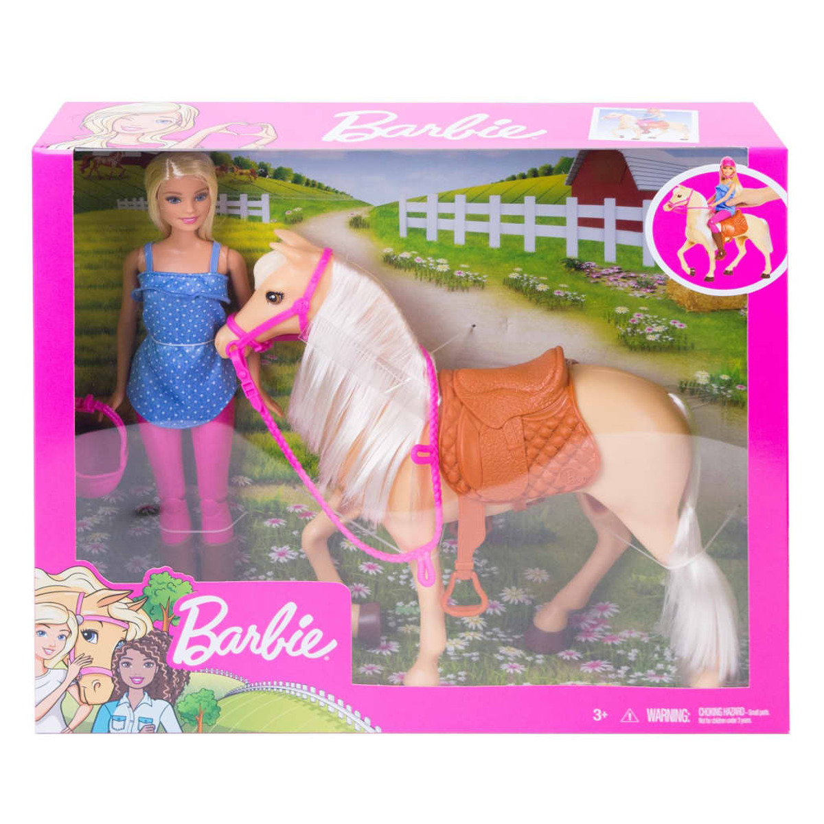 Set bambola Barbie e cavallo giocattolo. Barbie in abito blu, cavallo con sella in scatola rosa.
