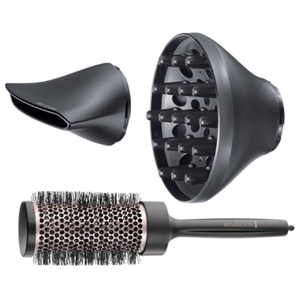 Narzędzia do stylizacji włosów: czarna nasadka do suszarki i okrągła szczotka z czarnym uchwytem i różowym włosiem.