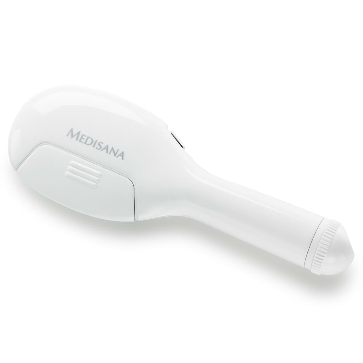 Dispositivo médico portátil blanco con la marca Medisana. Tiene forma ovalada.