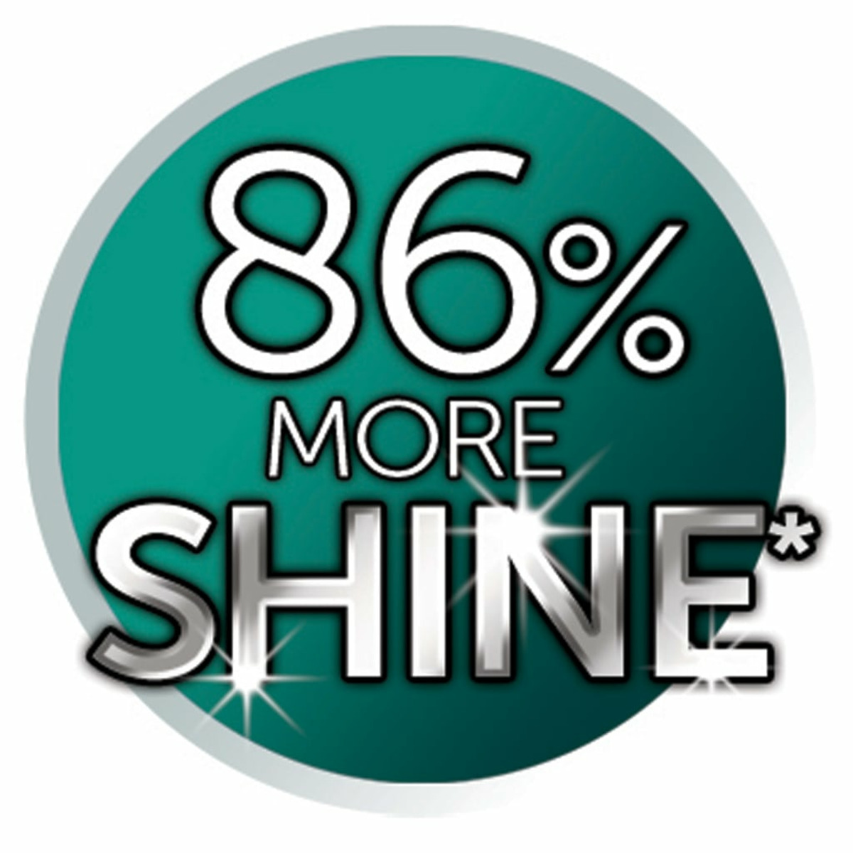 Cercle turquoise avec texte blanc : 86% PLUS DE BRILLANCE*
