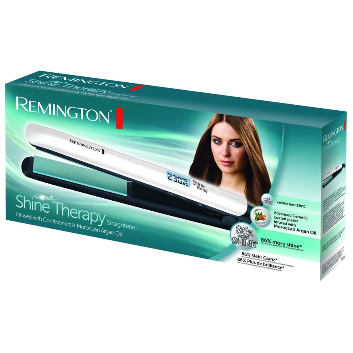 Boîte de lisseur Remington Shine Therapy. Elle montre le produit et une femme aux cheveux brillants.