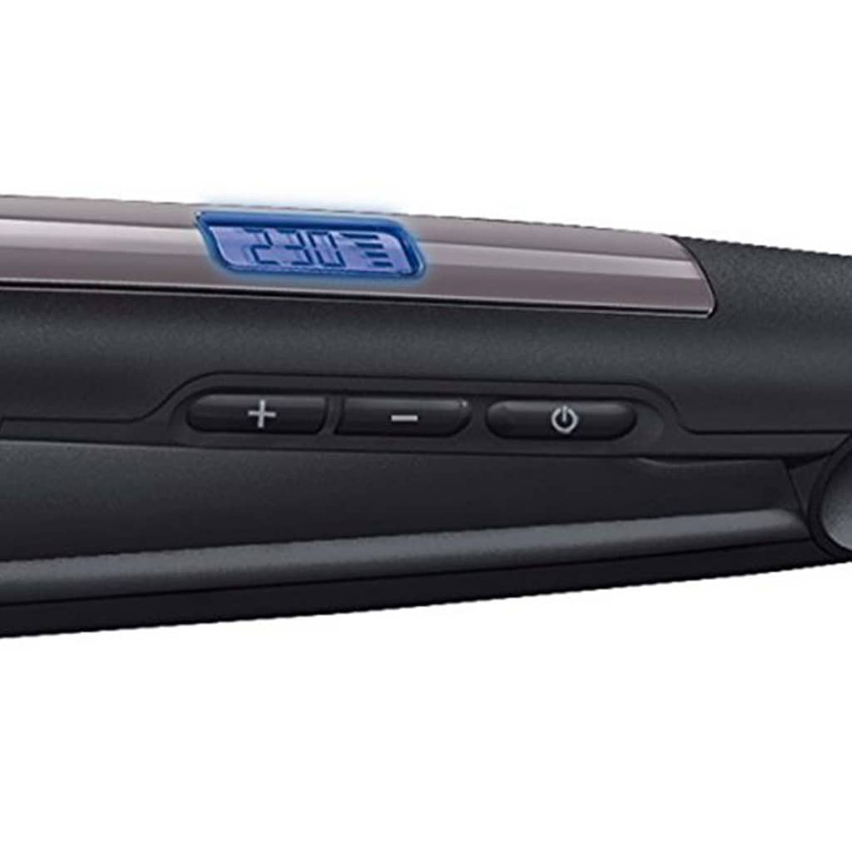 Lisseur noir avec affichage numérique indiquant 230. Boutons incluent plus, moins et marche/arrêt.