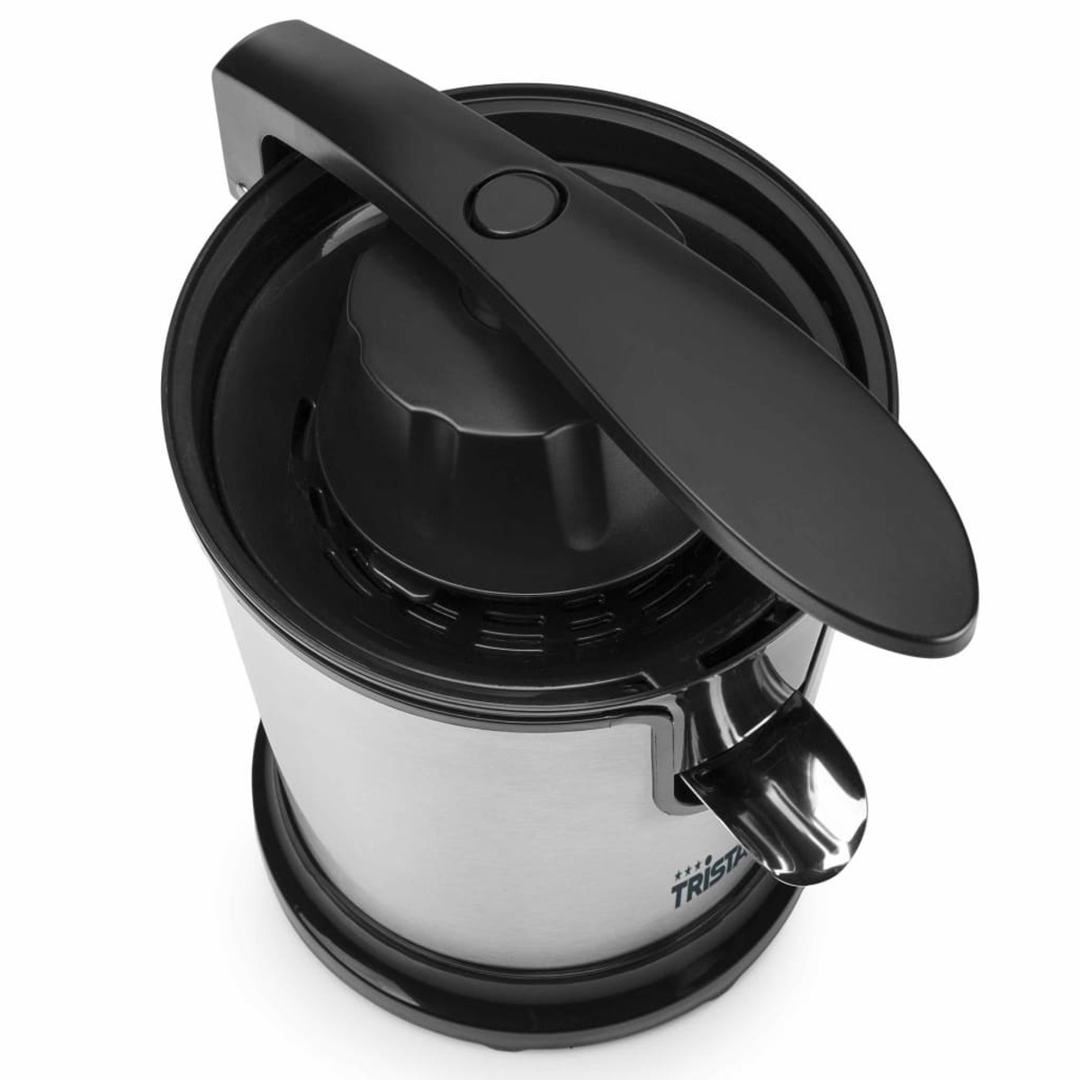 Srebrna wyciskarka do soków, czarny uchwyt i czarny element wyciskarki, widok z góry.