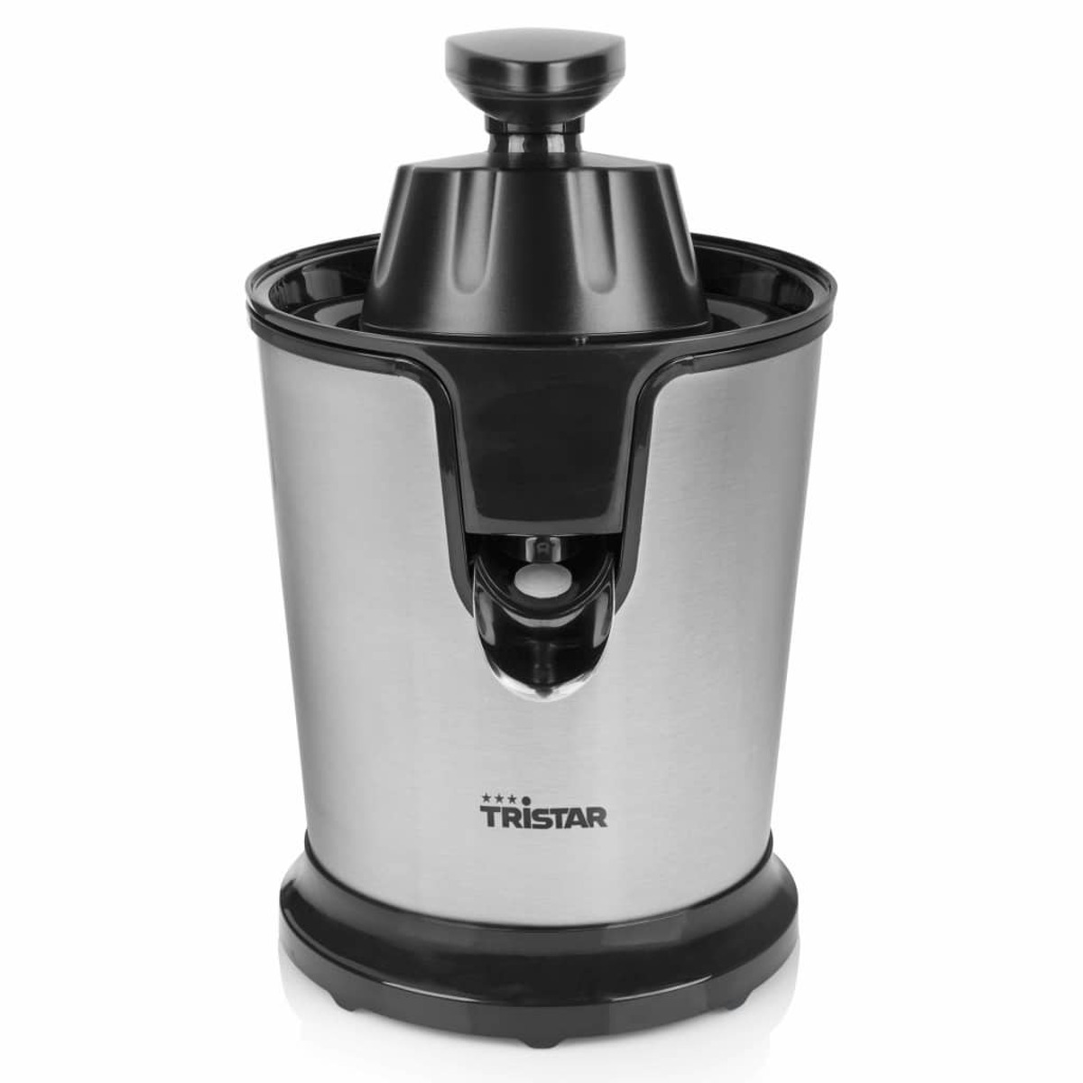 Srebrno-czarna wyciskarka do soku. Góra jest czarna, a podstawa srebrna.