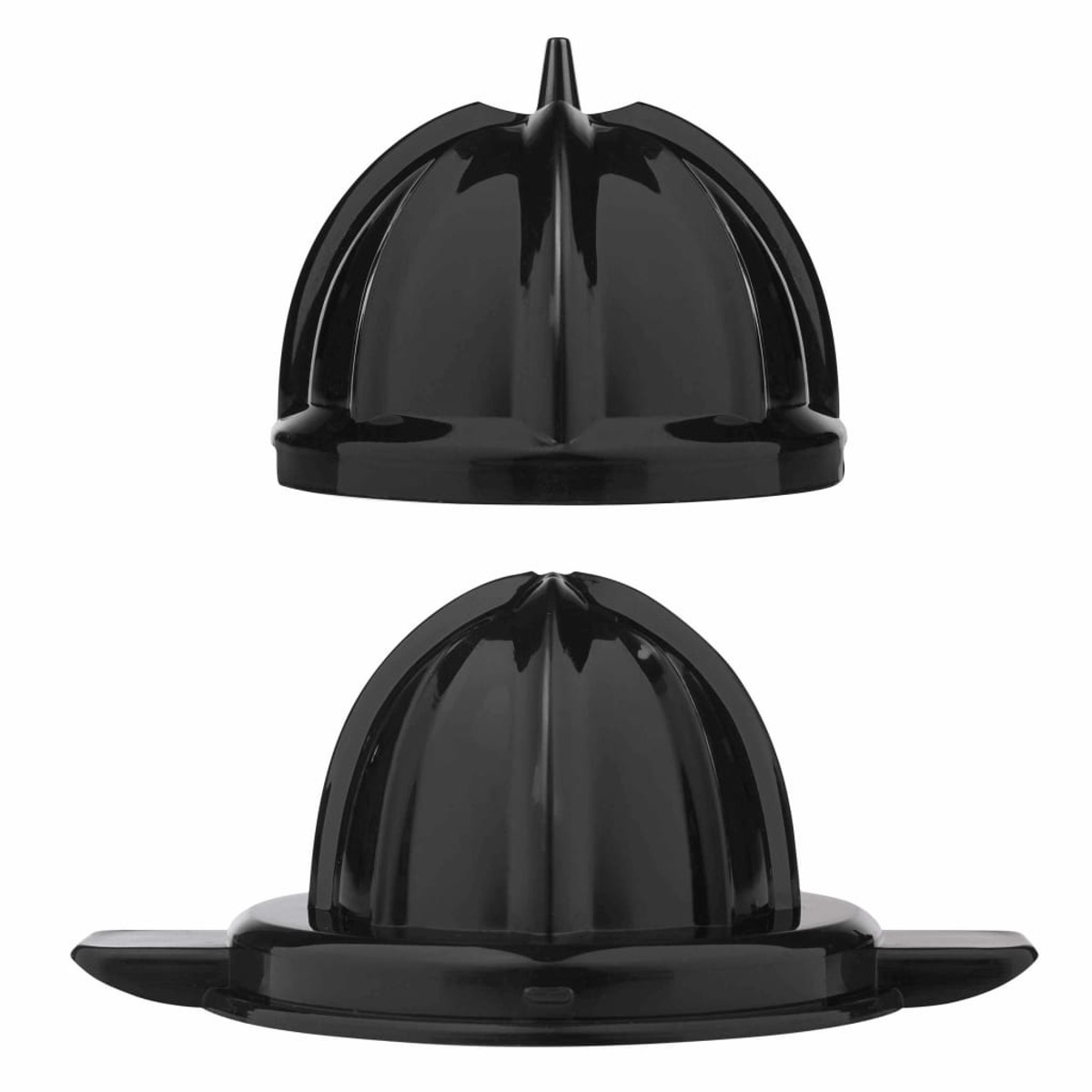 Pokazano dwie części czarnej wyciskarki do cytrusów. Jeden to głowica do wyciskania, drugi to podstawa.