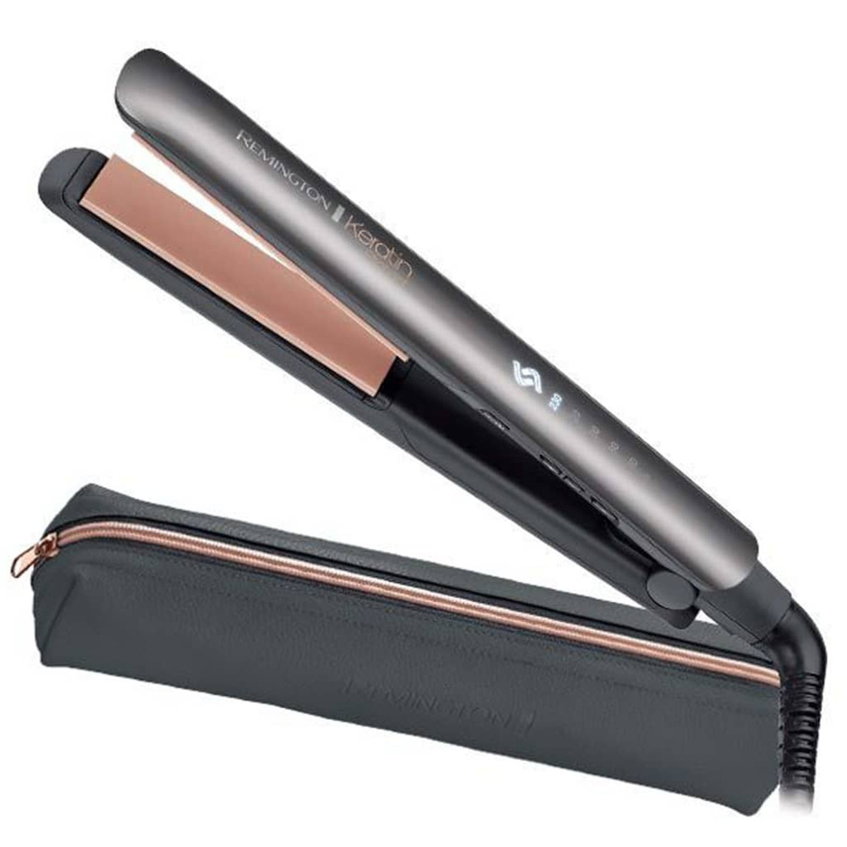 Graues Glätteisen und eine schwarze Reisetasche. Text auf dem Glätteisen: Keratin.