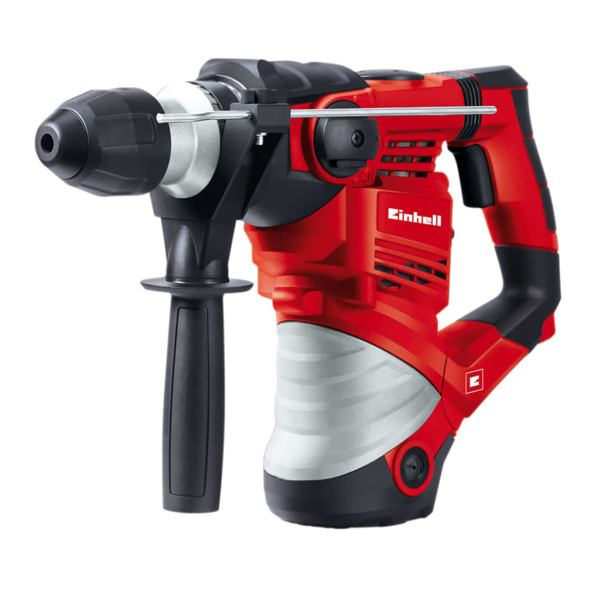 Taladro percutor rojo y negro con mango negro. El taladro tiene una parte blanca.